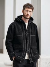 Men's hooded coat with contrasting color lines